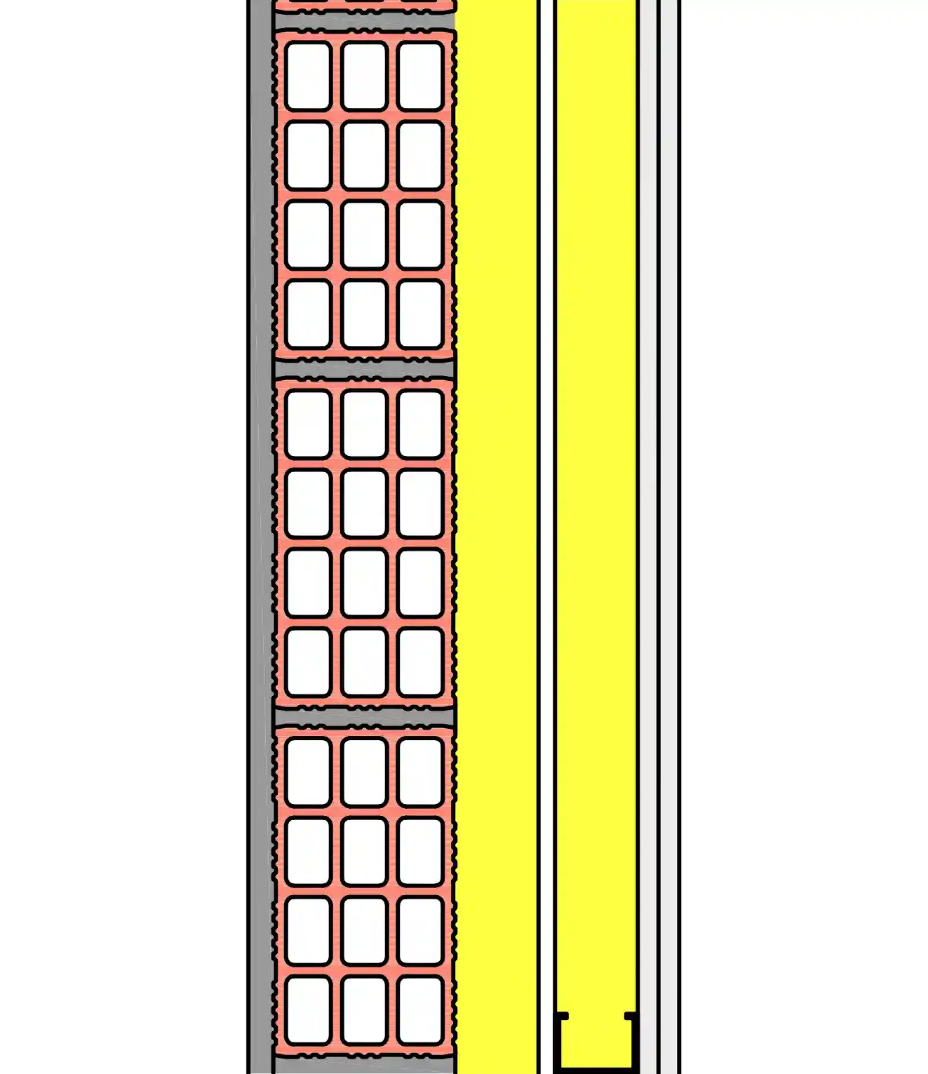 Imágen de sección de fachada con ailamiento intermedio y trasdosado autoportante para Ladrillo Gran Formato 49x20x11